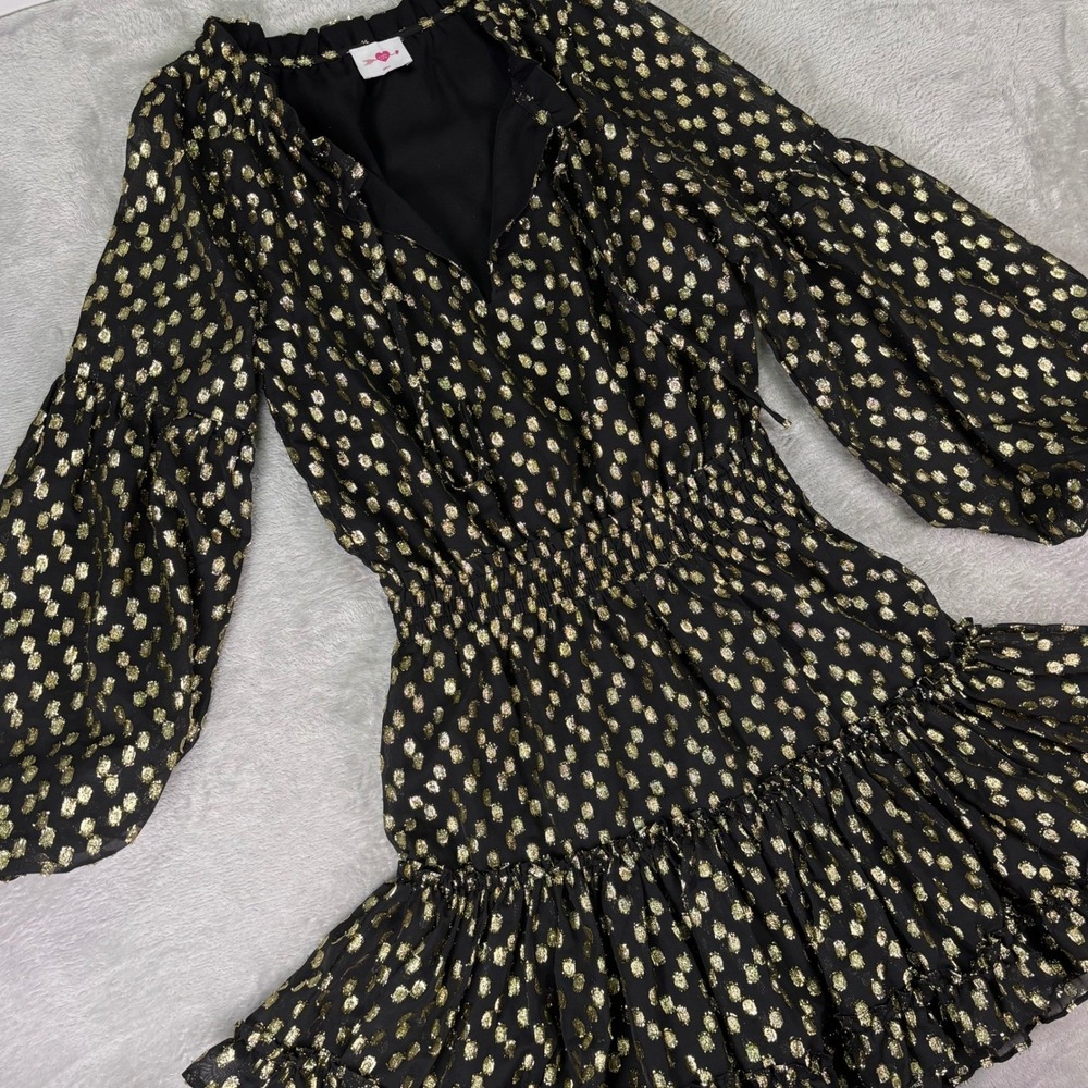 Buddy Love Women's Mini Dress Size Small‎ Black Gold Metallic Ruffle Long Sleeve